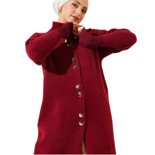 Burgundy Fleece Cardigan With Metal Buttons