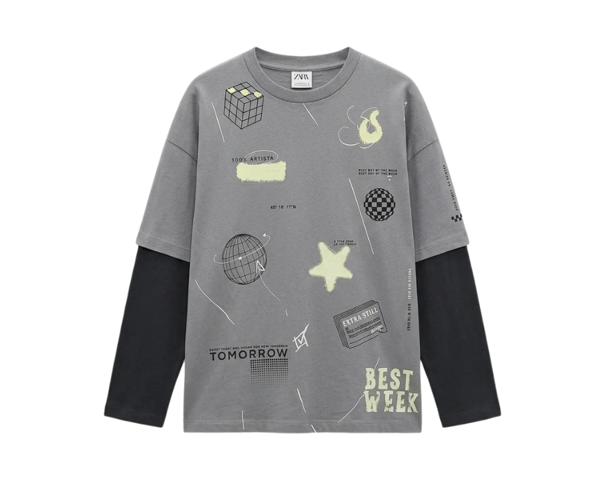 8 Zara Boys Gray Printed Layered Look Silhoutte Long Sleeve Blouse - Image 1