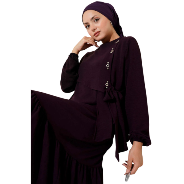 Plum Tie Up Dress With Stone Embellished Eyelet Detail