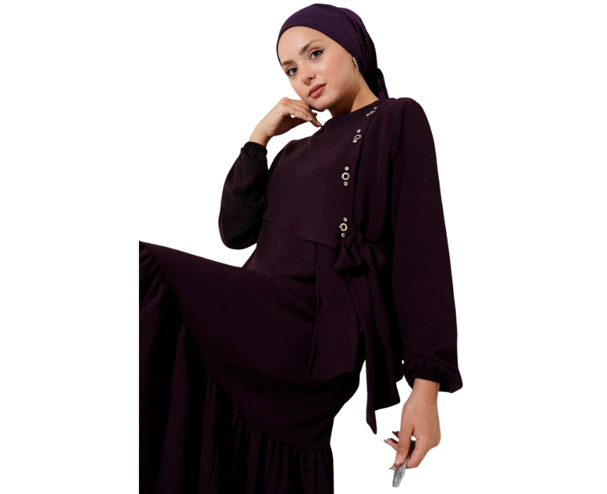 8 Plum Tie Up Dress With Stone Embellished Eyelet Detail - Image 1