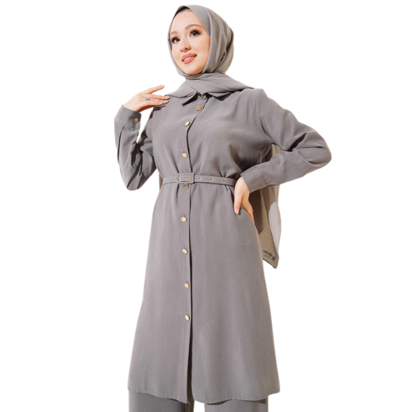 Gray Premium Quality Buttoned Belted Long Tunic Two Piece Set