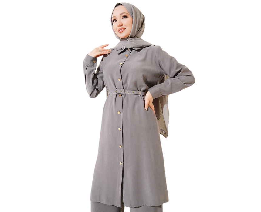 8 Gray Premium Quality Buttoned Belted Long Tunic Two Piece Set - Image 1