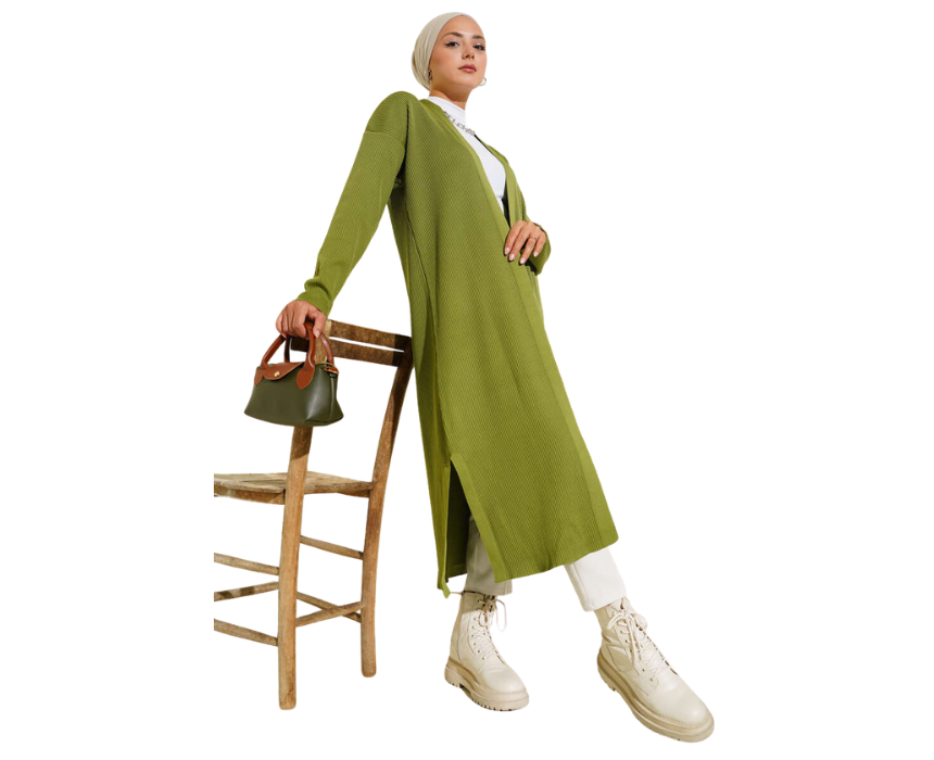 8 Olive Green Fine Ribbed Long Cardigan - Image 1