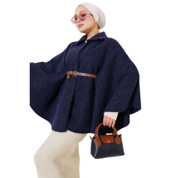 Navy Blue Shirt Collar Belted Poncho
