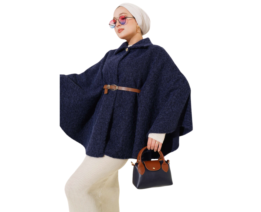 8 Navy Blue Shirt Collar Belted Poncho - Image 1