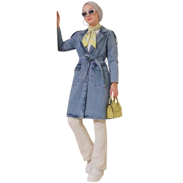 Light Blue Double Pocket Belted Denim Trench Coat