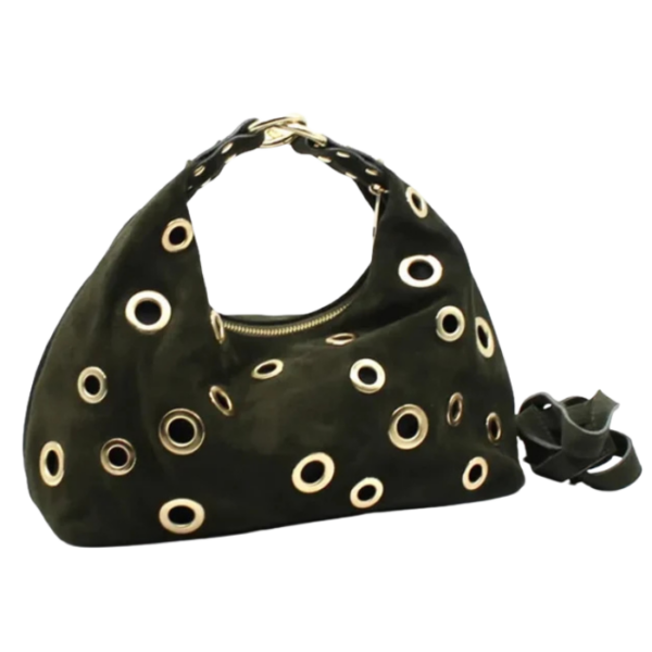 Brown Leather Bag With Oversized Gold Eyelets