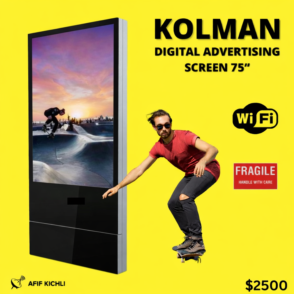 EBBF6E80-38B6-44AD-9E5E-4DC4546567CE 75” KOLMAN Standing Digital Display Screen Ethernet/WIFI, Built-in Speaker, LED Advertising Screen, (signage)