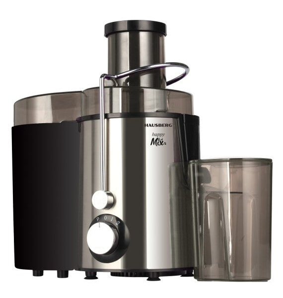 Fruit and vegetable juicer Hausberg HB-7645, 600 W, 2 speeds + Turbo, pulp container 1 l, juice container 550 ml, push accessory, black + silver