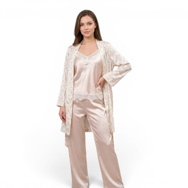 Satin Pyjama Robe Set Beige