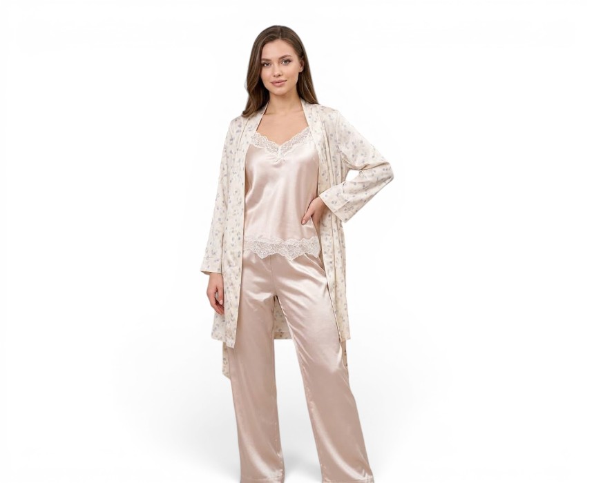 IMG-20260627-WA0265 Satin Pyjama Robe Set Beige - Image 1