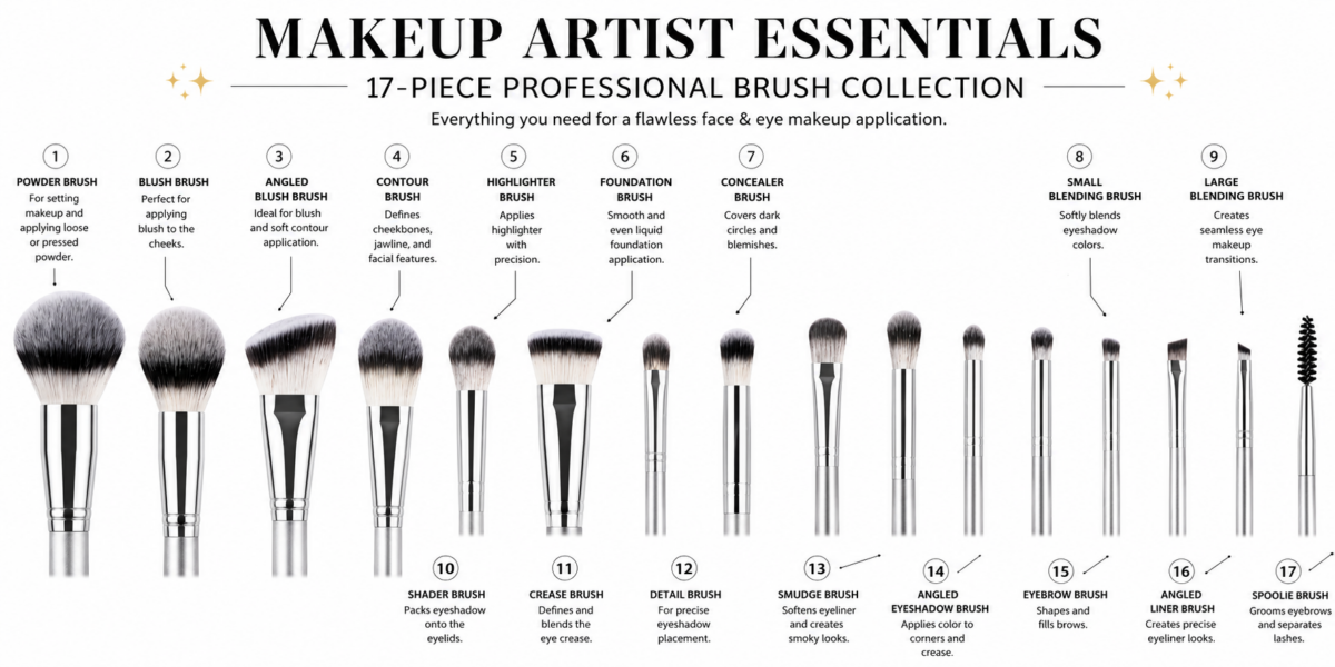 IMG-4077 PROFESSIONAL MAKEUP ARTIST 17 PIECES OF PRO BRUSH SET SILVER