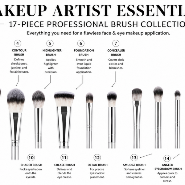 PROFESSIONAL MAKEUP ARTIST 17 PIECES OF PRO BRUSH SET SILVER