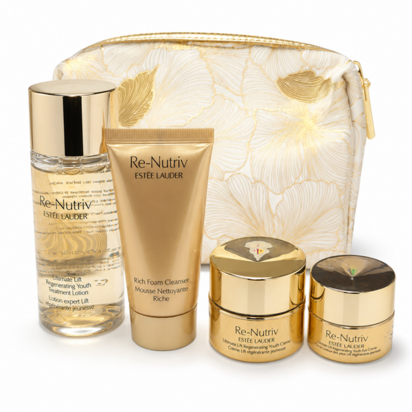 ESTEE LAUDER THE GOLD KIT WITH A BEAUTIFUL GOLD BAG AND 4 MINI ITEMS