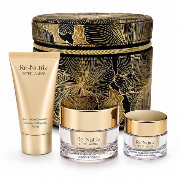 ESTEE LAUDER THE GOLD KIT WITH A BEAUTIFUL GOLD BLACK ROUND BAG AND 3 MINI ITEMS