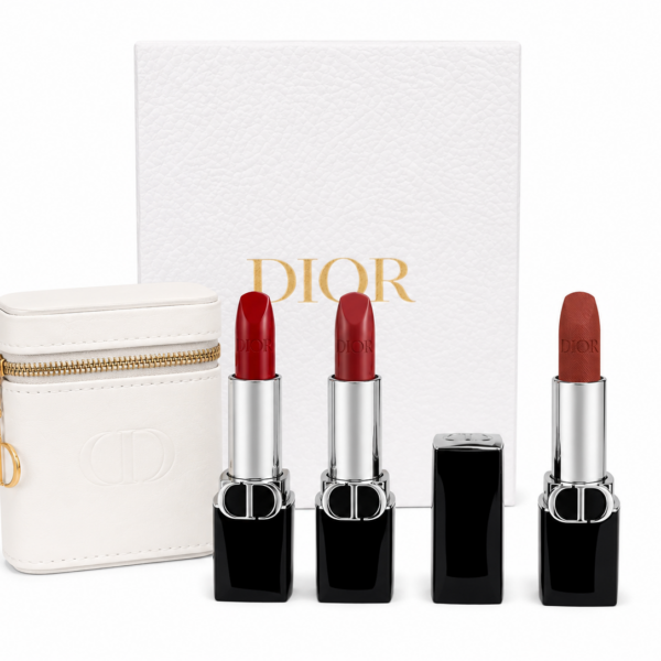 CHRISTIAN DIOR SET OF 3 MINI LIPSTICK WITH KEYCHAIN GOLD WITH WHITE LEATHER BAG