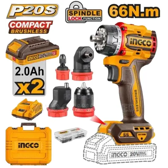 INGCO CDLI206686 20V 2Batt 2Ah+Box 66N.m مقدح بطارية مع اربع رؤوس تبديل صناعي Cordless multi-head drill driver