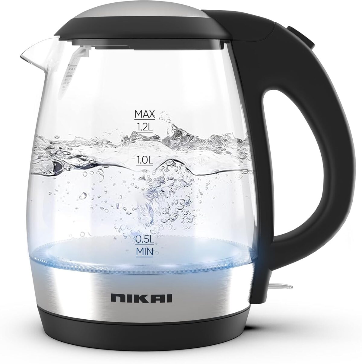 Nikai1.2L_2200WCompact_CordlessElectricGlassKettleBoiler Nikai Compact Cordless Electric Glass Kettle, 1.2L, 2200W