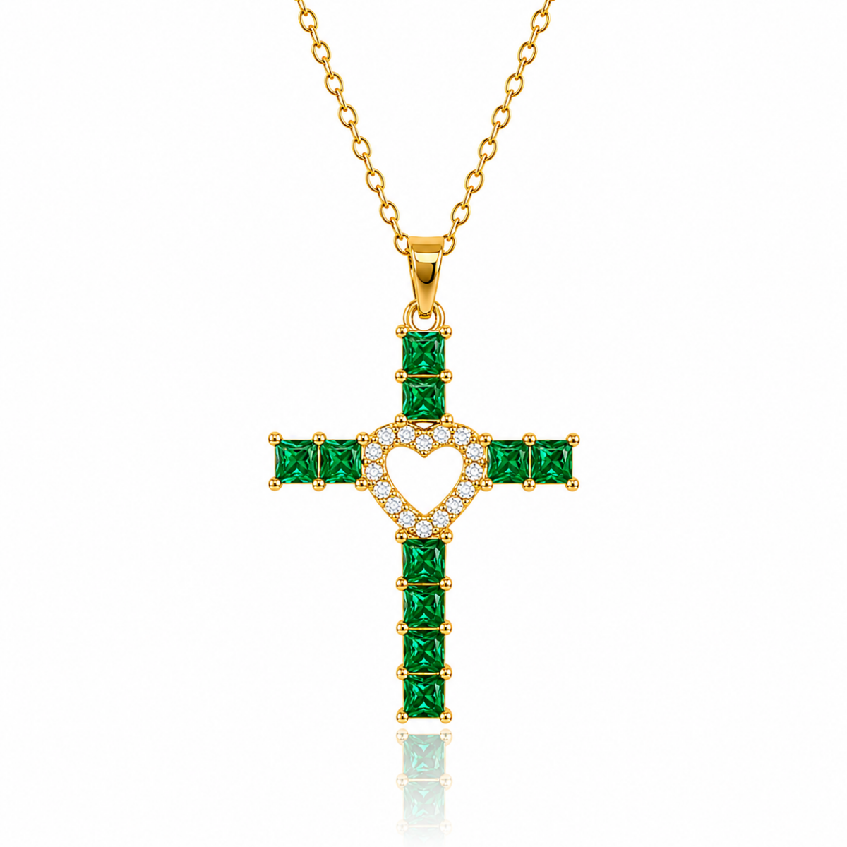 PG-N-176-GRN-X-X Shining Heart Green Cross Necklace