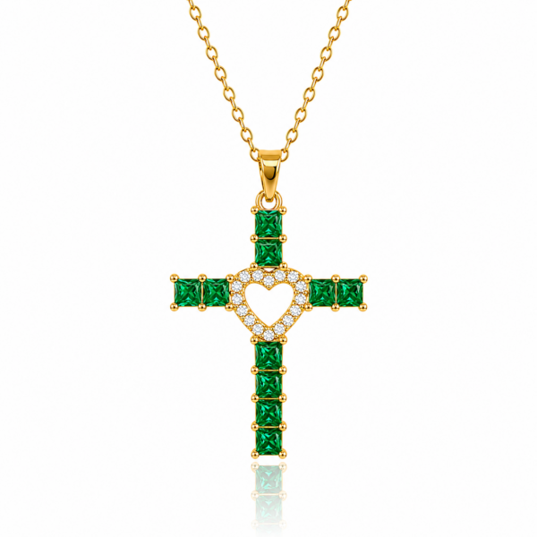 Shining Heart Green Cross Necklace