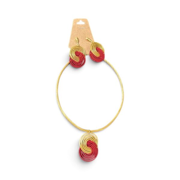 Round Necklace and Earrings Set, Red and Gold