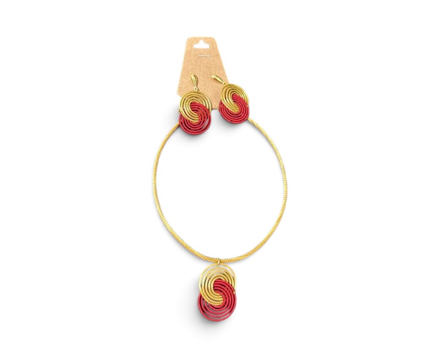Round-red-gold-necklace-with-earrings-1.jpg Round Necklace and Earrings Set, Red and Gold - Image 1