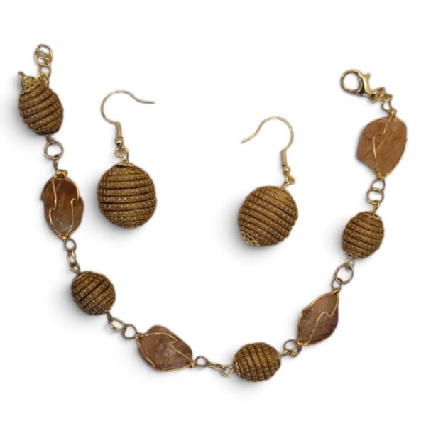 Bracelet and Earrings Set with Brazilian Stone, Gold