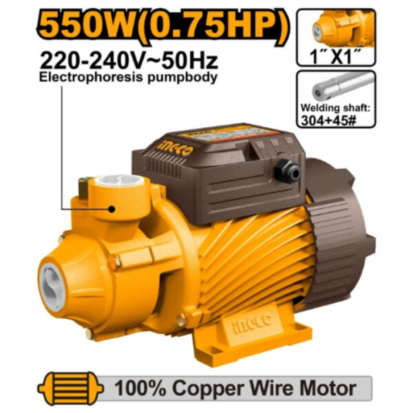 Peripheral Water Pump 550W 0.75HP with Brass Impeller INGCO