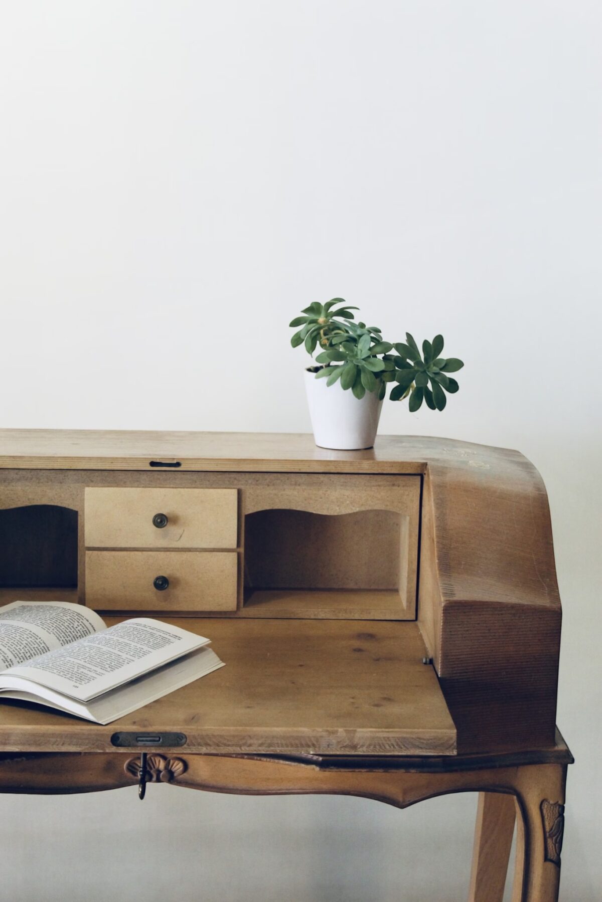 Vintage Solid Wood Napoleon Secretary Desk – Natural Light Wood - Image 
