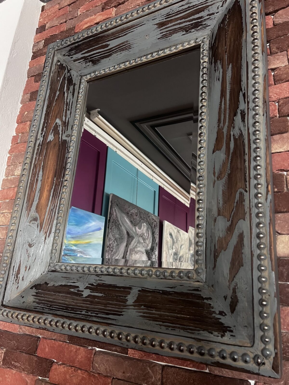 Vintage Blue Wooden Mirror Frame – Original Patina Finish - Image 