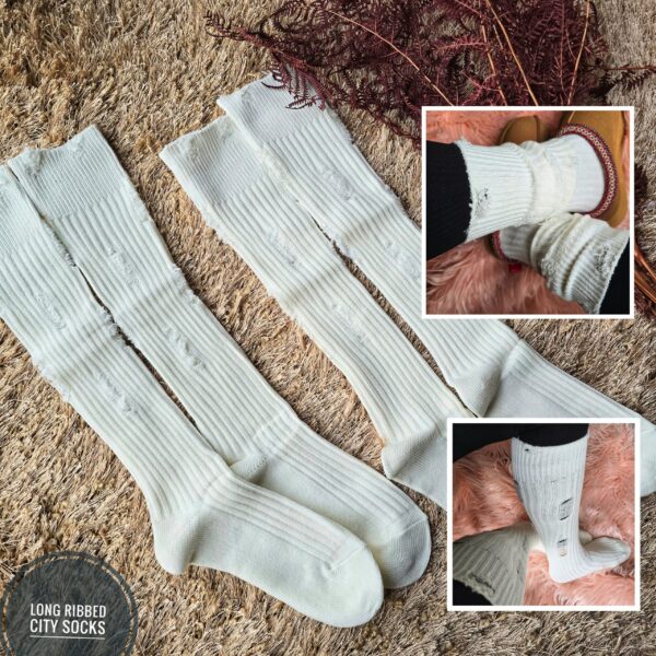 B. Long Ribbed City Socks: Off white