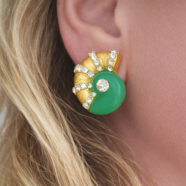 A A. Emerald Spiral Crystal Gold Earrings