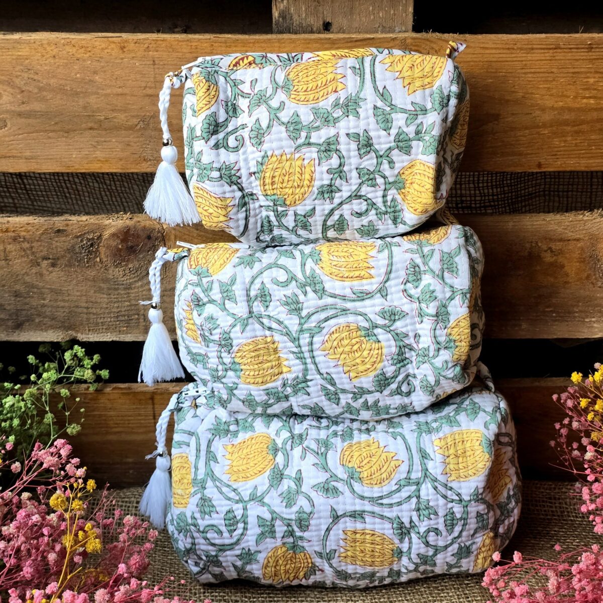 A A. Quilted Pouches Set: Golden Bloom