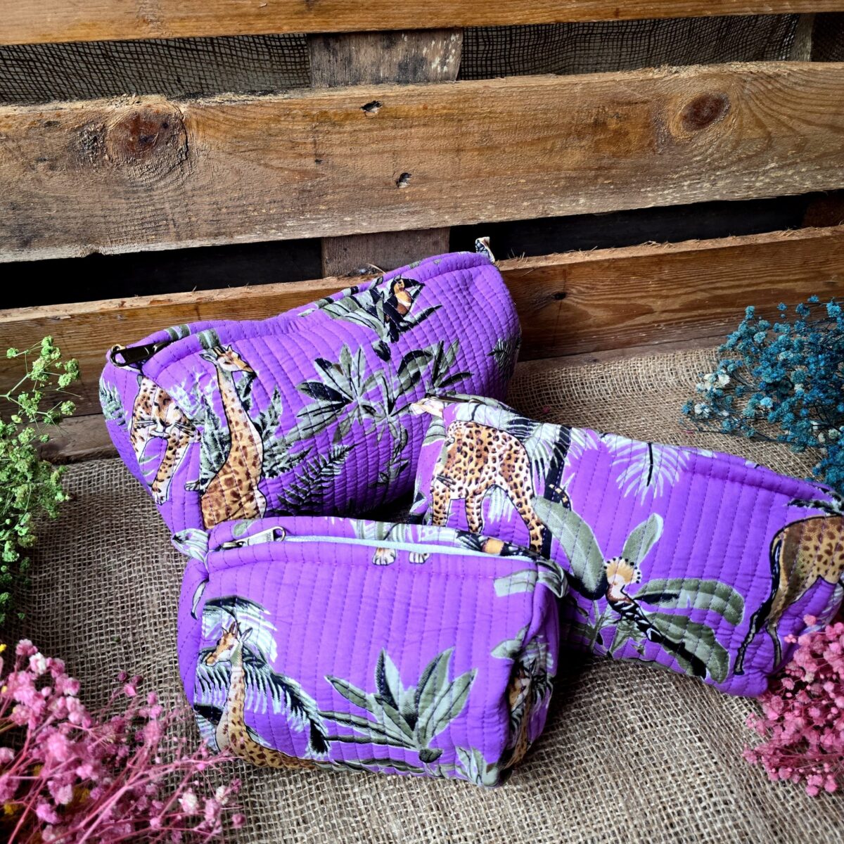 Quilted Pouches Set: Purple Jungle