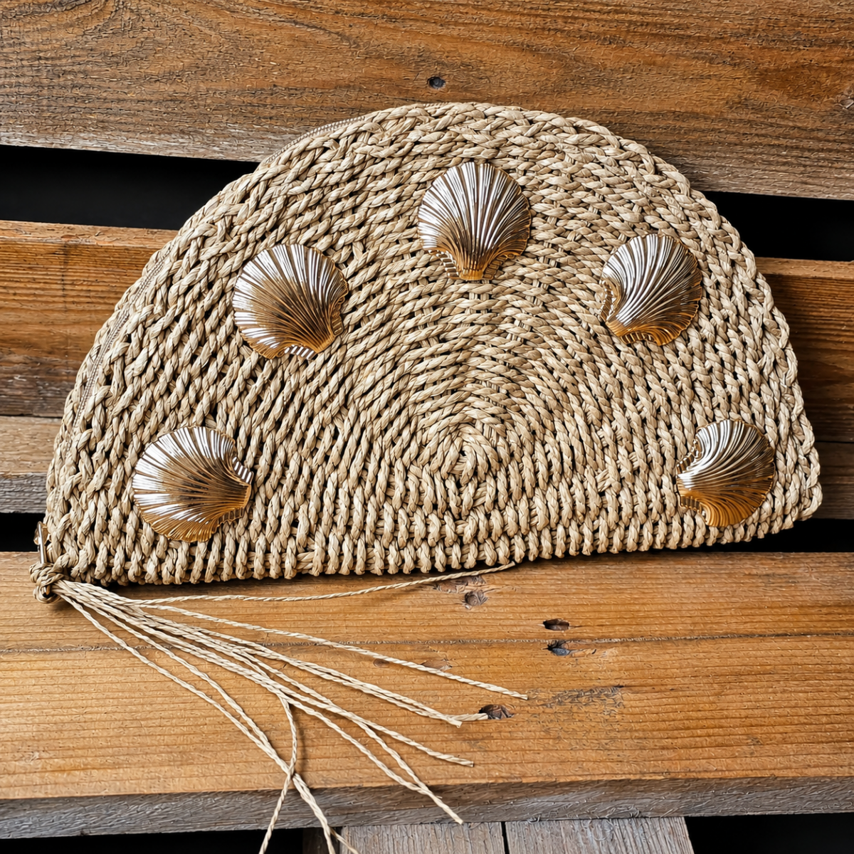 A. Golden SeaShells Woven Clutch