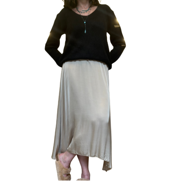 Beige Wavy Satin Midi Skirt