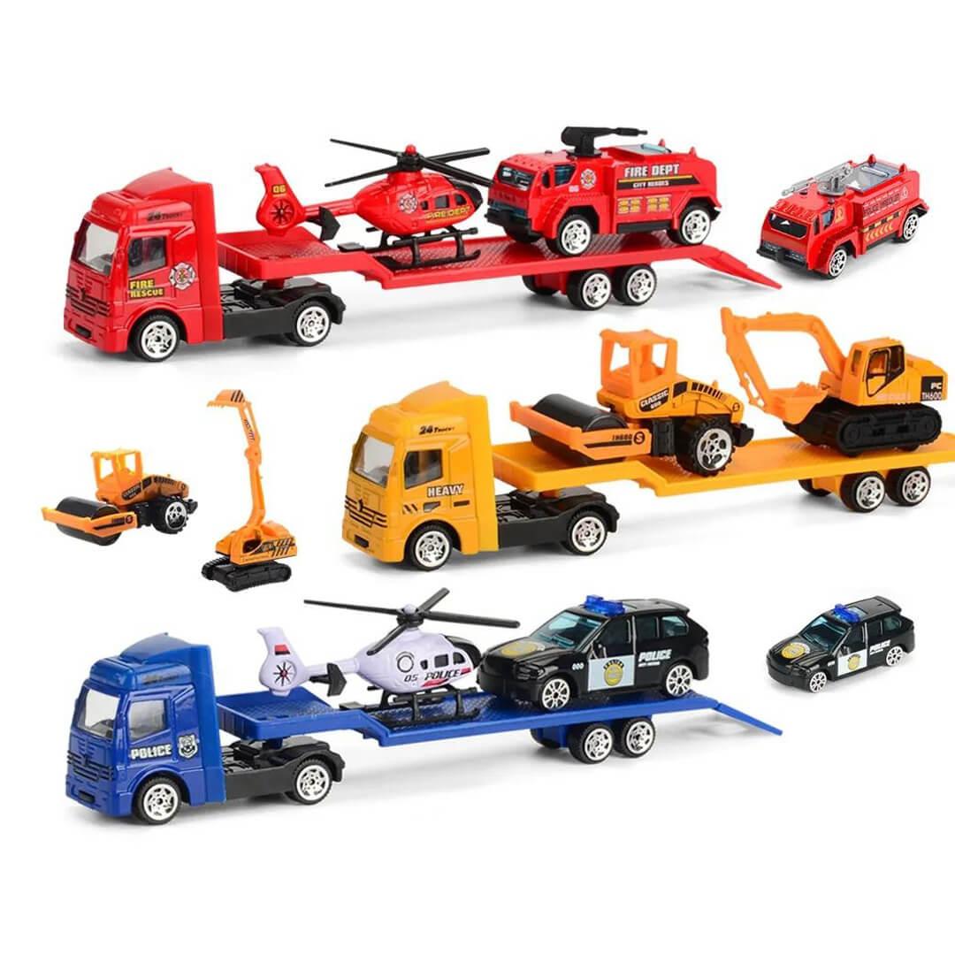 1_20e66925-b041-4c2b-8ae2-e1389e0cea66.jpg Compact Vehicle Trailer Truck Set - Red Fire, Blue Police, Yellow Construction - Image 1