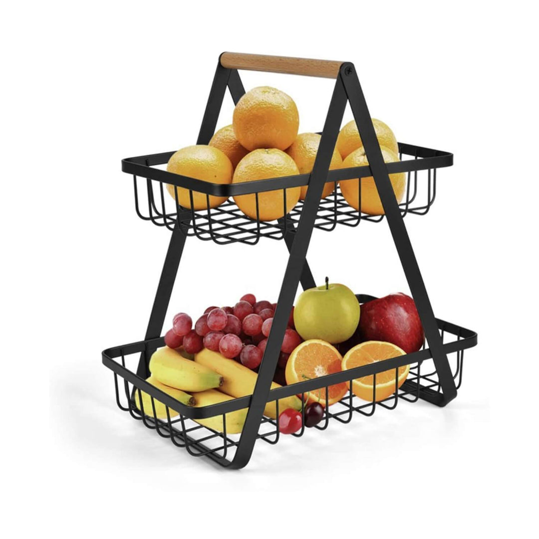 2-layer-kitchen-storage-basket-with-fruits.jpg 2-Tier Metal Storage Basket Organizer for Kitchen, Office & Home - Image 1