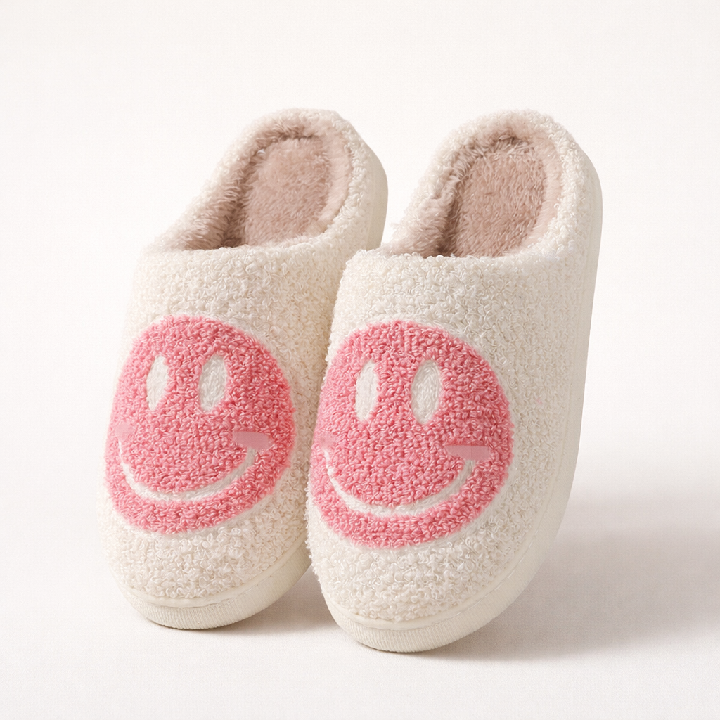 3c1a0016-e185-437b-9a46-fccafec0cc50 Chenille Slippers: Pink Smiley