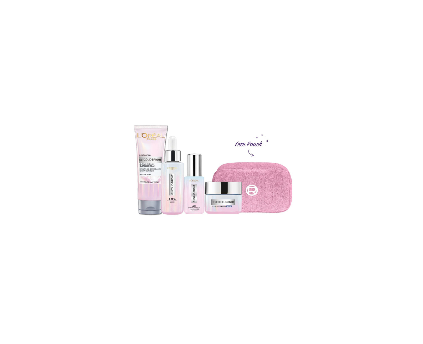 594 L'Oreal Paris Glycolic Bright Skincare Set with Free Pouch - Image 1