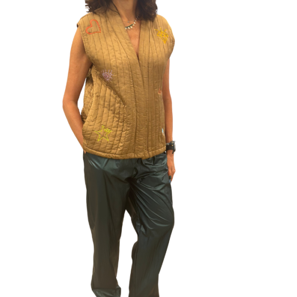 Embroidered Beige Doudoune Gilet