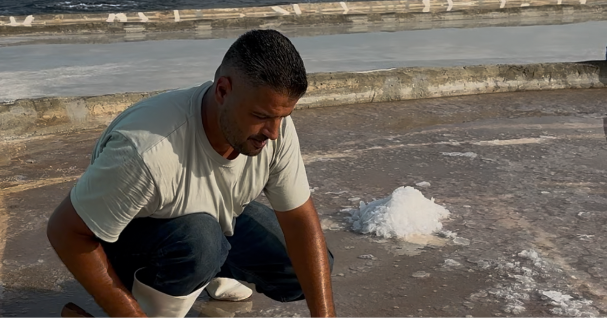 Coarse salt crystals forming in a salt pond