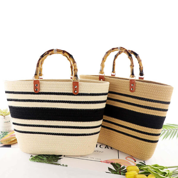 Cotton Woven Striped Beach Bag - Bamboo Handles