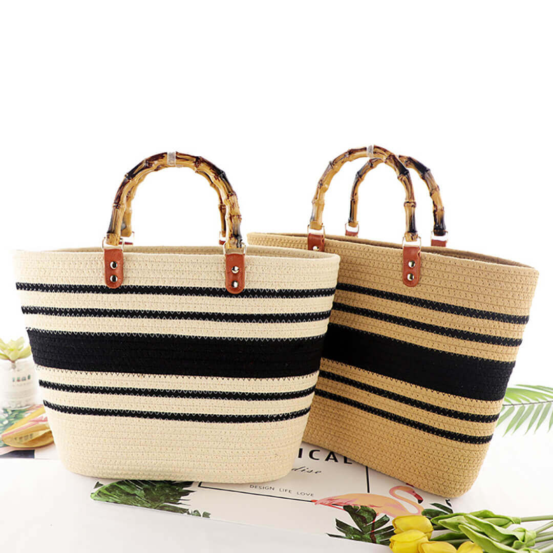 cotton-woven-beach-bag-bamboo-handles-1.jpg Cotton Woven Striped Beach Bag - Bamboo Handles - Image 1