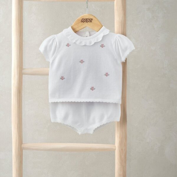 Embroidered Knit Top & Shorts Set (2 Pieces) - White