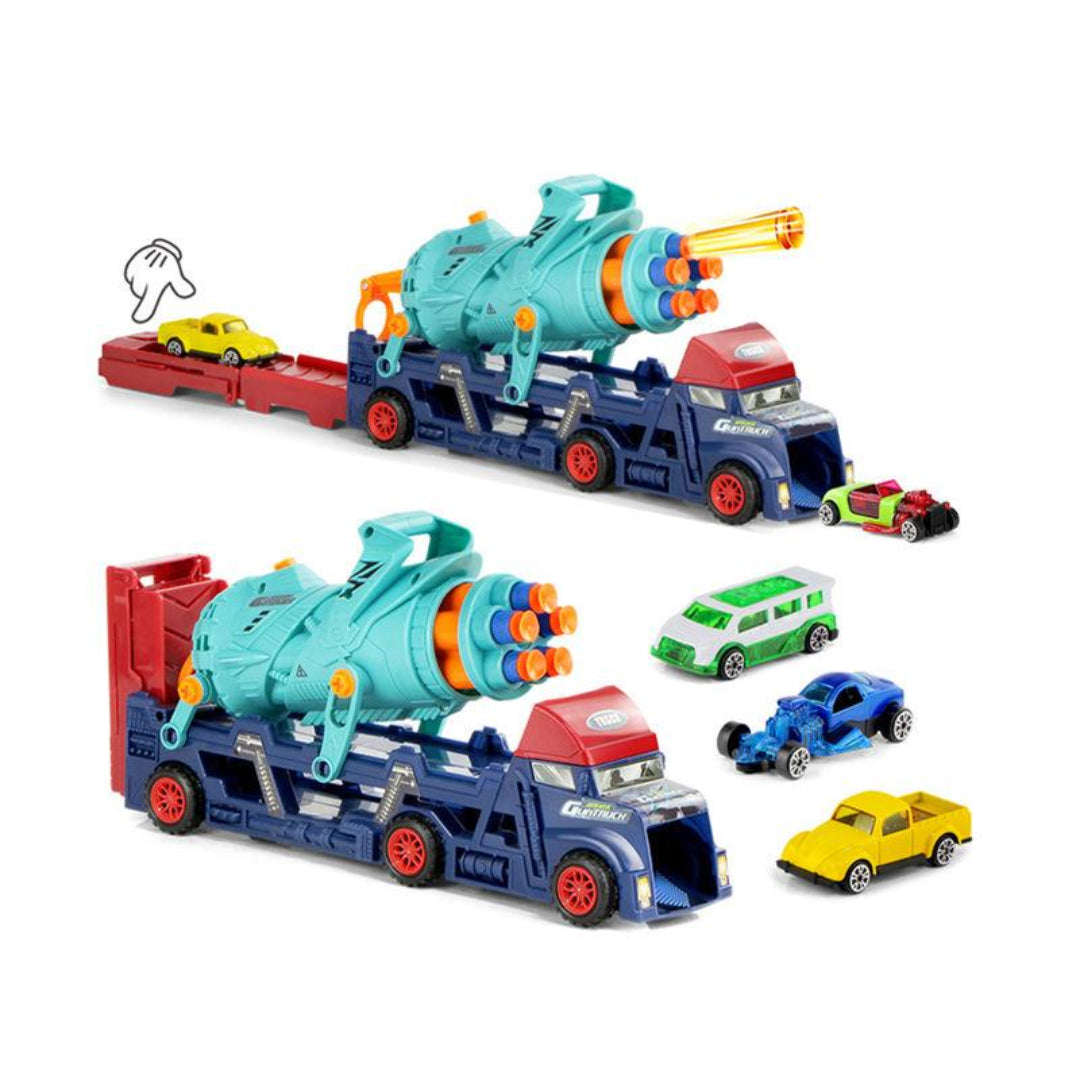 toy-truck-carrier-shooter-set-1.jpg Kids Transport Truck with Soft Bullet Gun & Mini Cars - Image 1